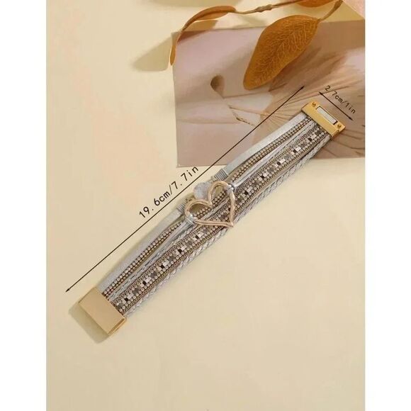 Bohemian Silver Gold Polyurethane Cubic Zirconia & Heart Decor Layered Bracelet - Picture 3 of 4